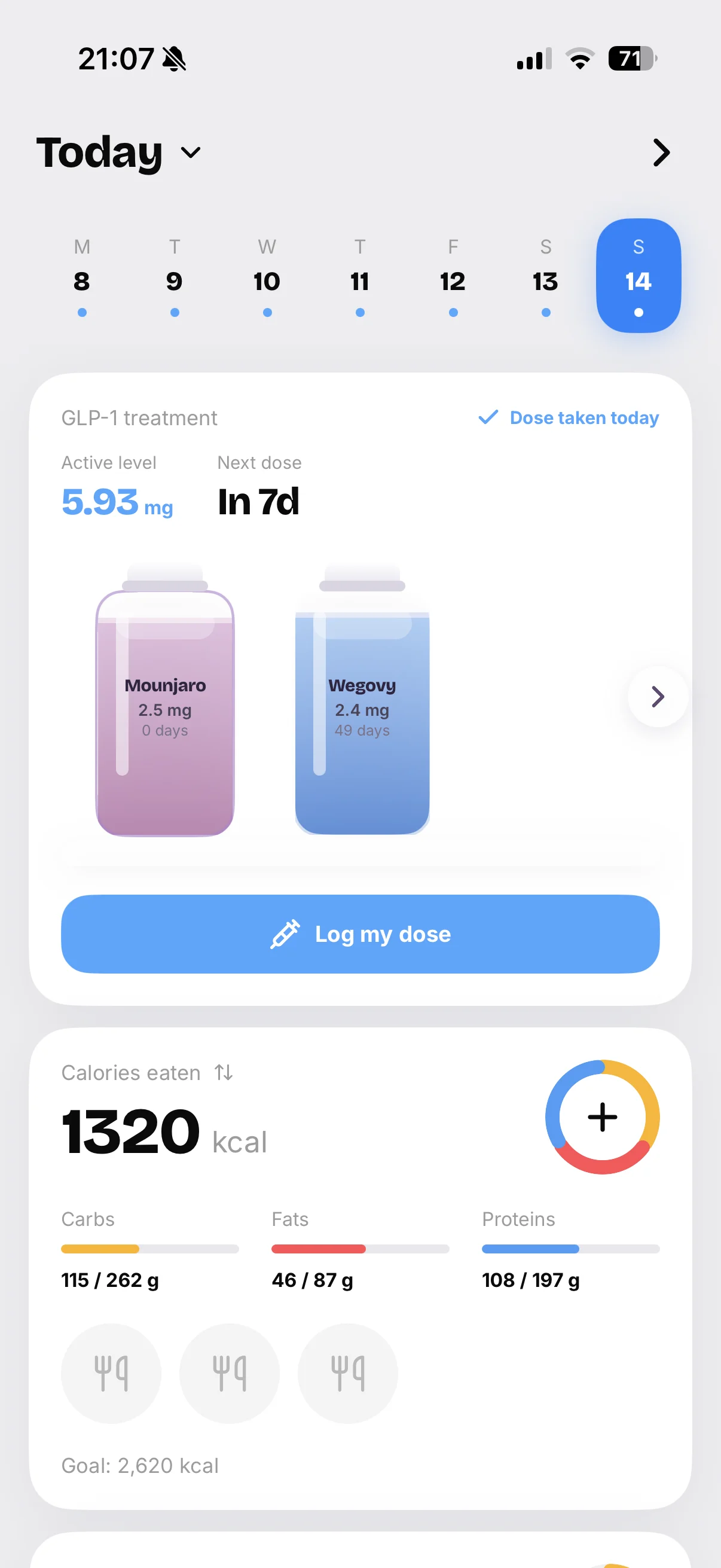 Mello home screen with the GLP-1 dose card and next injection